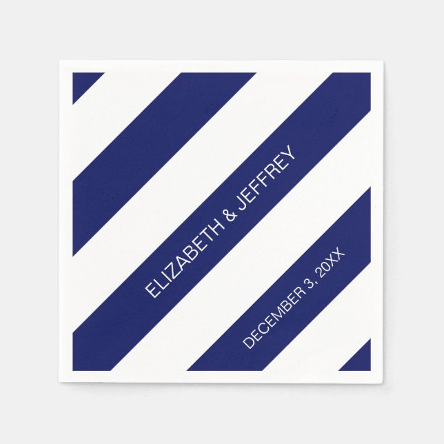 Navy Blue White Horiz Preppy Stripe #3 Monogram Napkin (Front)