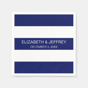 Navy Blue White Horiz Preppy Stripe #3 Monogram Napkin
