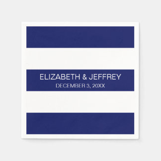 Navy Blue White Horiz Preppy Stripe #3 Monogram Napkin