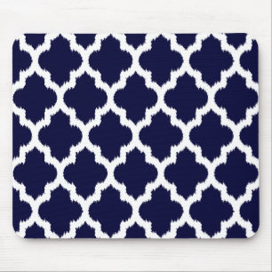 Navy Blue & White Ikat Tribal Geometric Pattern Mouse Mat