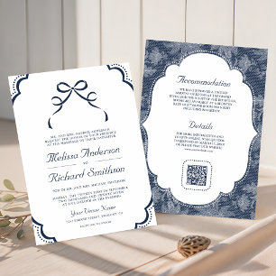 Navy Blue White Lace Coquette Bow QR Code Wedding Invitation
