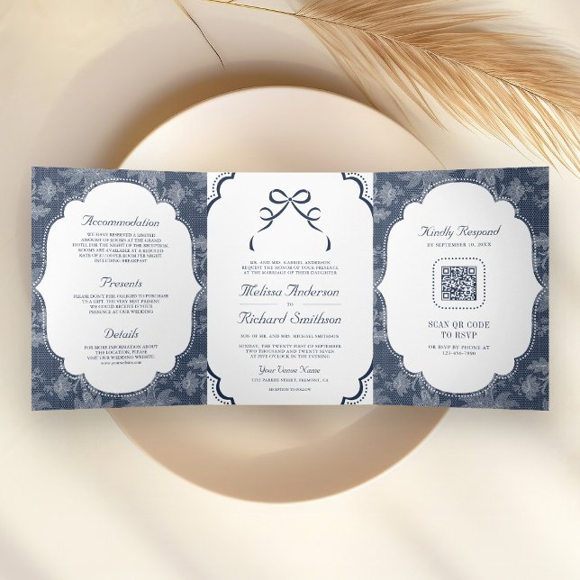 Navy Blue White Lace Coquette Bow QR Code Wedding Tri-Fold Invitation (Creator Uploaded)
