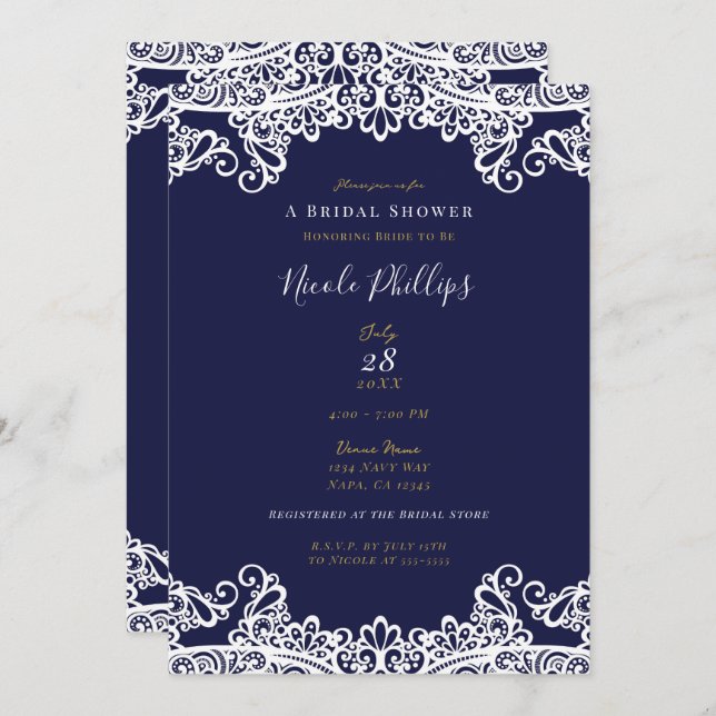 Navy Blue & White Lace Elegant Bridal Shower   Invitation (Front/Back)
