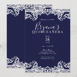 Navy Blue & White Lace Elegant Quinceañera Invitation