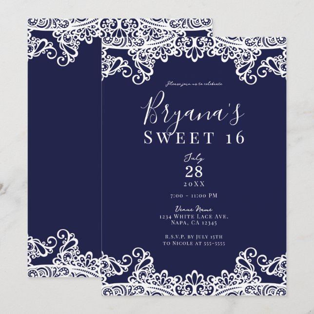 Navy Blue & White Lace Elegant Sweet 16 Party Invitation (Front/Back)