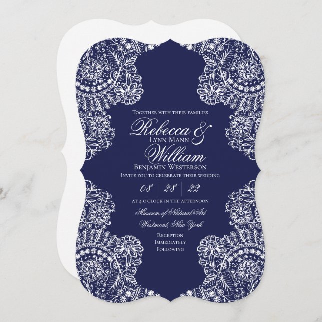 Navy Blue White Lace Elegant Vintage Wedding Invitation (Front/Back)