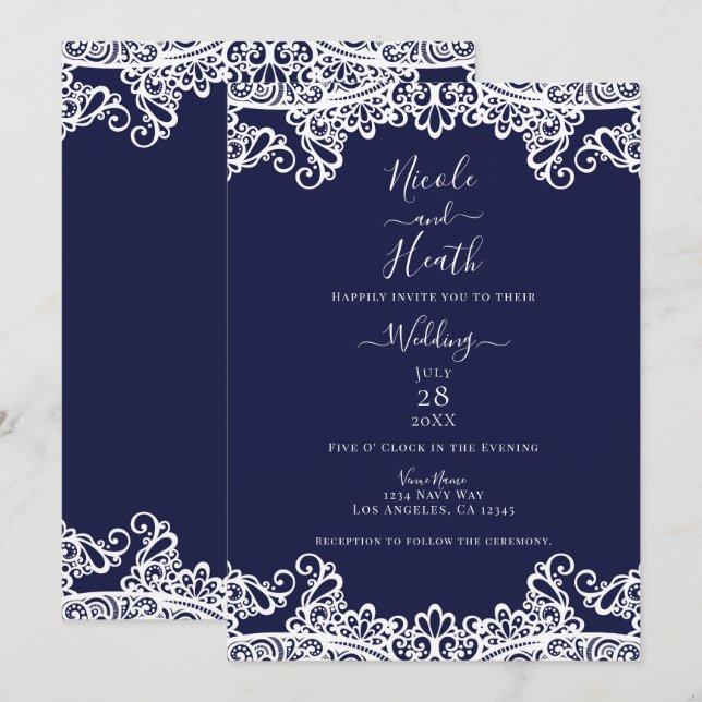 Navy Blue & White Lace Elegant Wedding Invitation (Front/Back)