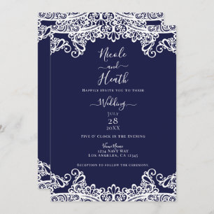 Navy Blue & White Lace Elegant Wedding Invitation