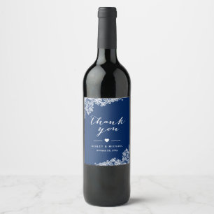 Navy Blue White Lace Elegant Wedding Thank You Wine Label