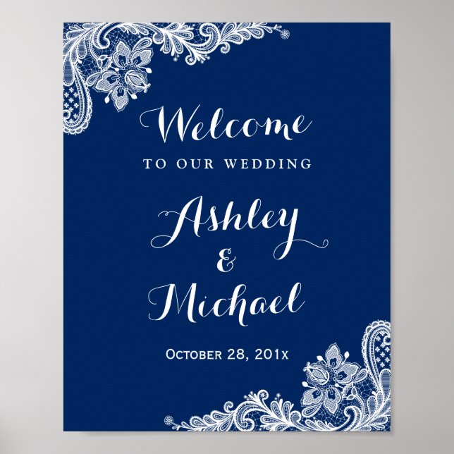 Navy Blue White Lace Wedding Reception Sign (Front)