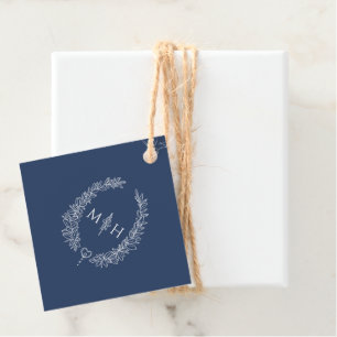 Navy blue white leaf oval wreath monogram wedding favour tags