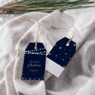 Navy Blue & White Lights & Snow Merry Christmas Gift Tags