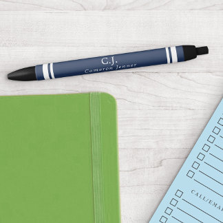 Navy Blue White Lines Monogrammed Black Ink Pen