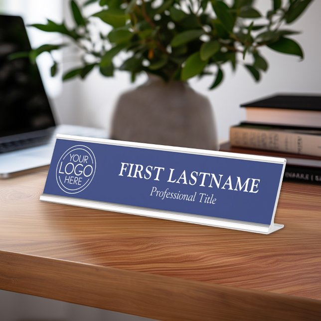 Navy Blue White - Logo, Name, Professional Title Desk Name Plate (Custom Name Plate for Desk or Office)