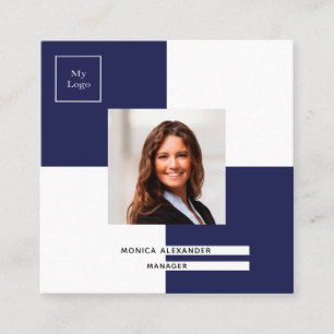 Navy blue white logo photo QR code Square Business Card
