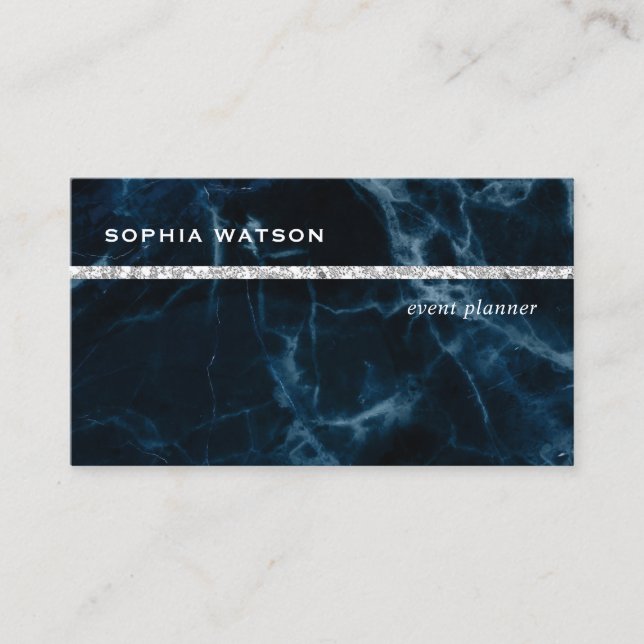Navy Blue White Marble Business Card (Front)