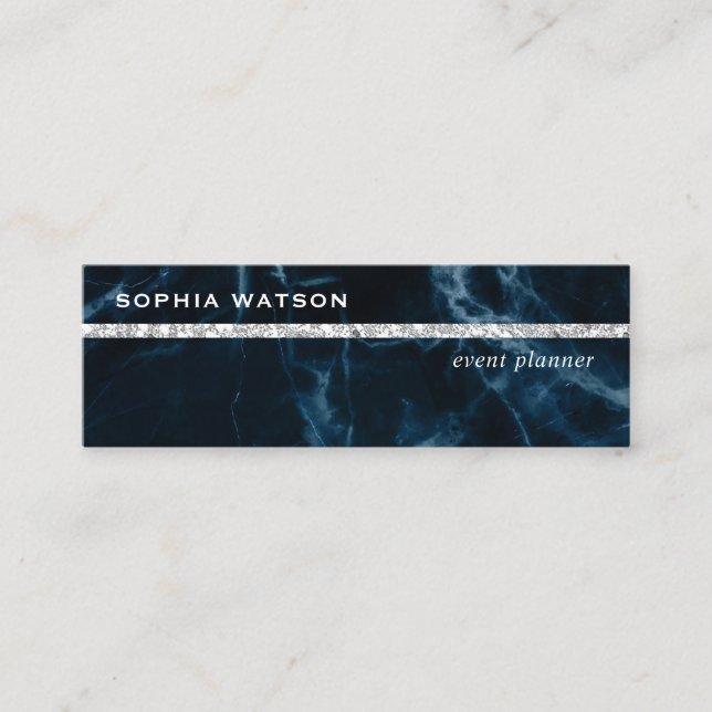 Navy Blue White Marble Mini Business Card (Front)