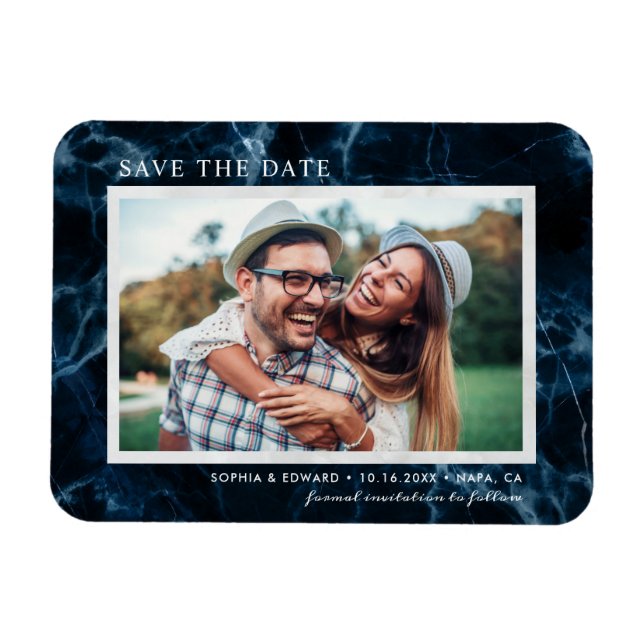Navy Blue White Marble Save the Date Photo Magnet (Horizontal)