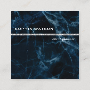 Navy Blue White Marble Square Business Card
