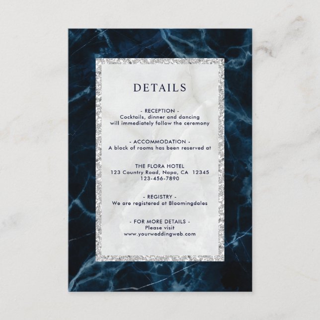 Navy Blue White Marble Wedding Details Enclosure Card (Front)