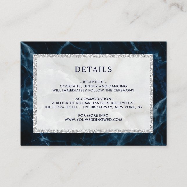 Navy Blue White Marble Wedding Details Enclosure Card (Front)