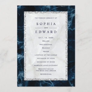 Navy Blue White Marble Wedding Program Programme