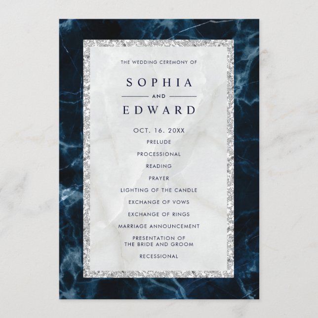 Navy Blue White Marble Wedding Program Programme (Front)