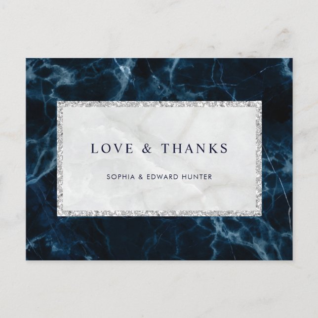 Navy Blue White Marble Wedding Thank You Postcard (Front)