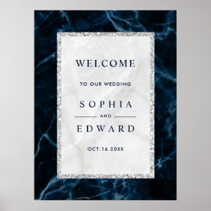 Navy Blue White Marble Wedding Welcome Sign