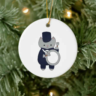 Navy Blue White Marching Band Drummer Cat Ceramic Tree Decoration