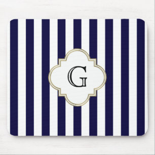 Navy Blue White Medium Stripe White Monogram Label Mouse Mat
