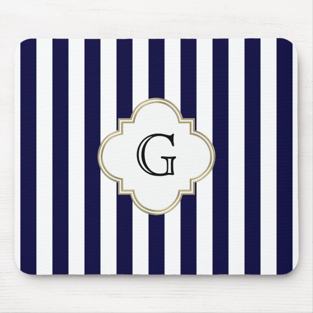 Navy Blue White Medium Stripe White Monogram Label Mouse Mat (Front)