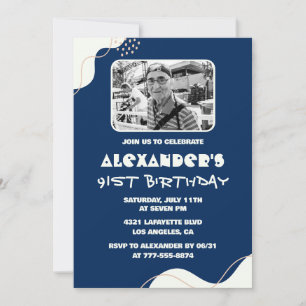 Navy Blue White Men Photo 91st birthday Invitation