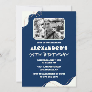 Navy Blue White Men Photo 99th birthday Invitation