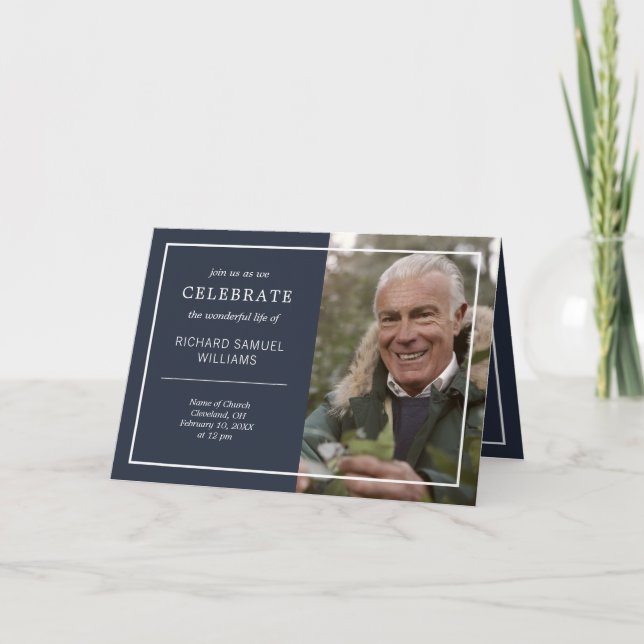 Navy Blue & White Minimal Celebrating Life Photo Invitation (Front)