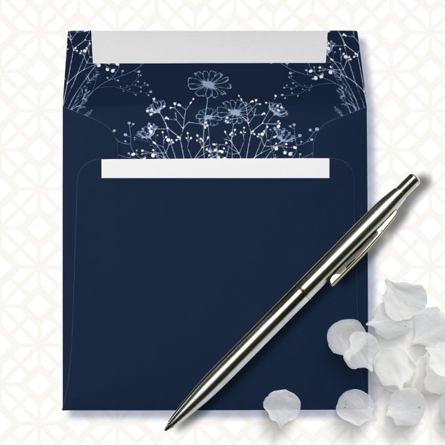 Navy Blue White Minimal Floral Botanical Wedding Envelope (Creator Uploaded)