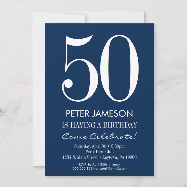 Navy Blue White Modern Adult Birthday Invitations (Front)