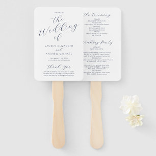 Navy Blue White Modern Calligraphy Wedding Program Hand Fan
