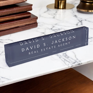 Navy Blue White Modern Elegant Professional Classy Nameplate