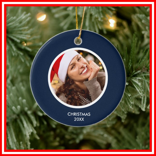 Navy Blue & White | Modern Initials Monogram PHOTO Ceramic Tree Decoration (Navy Blue & White | Modern Initials Monogram PHOTO Ceramic Ornament)