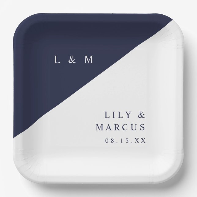 Navy Blue White Modern Minimalist Monogram Wedding Paper Plate (Front)