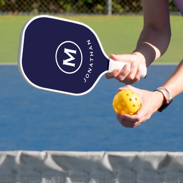 Navy Blue White Modern Monogram Pickleball Paddle (Insitu)