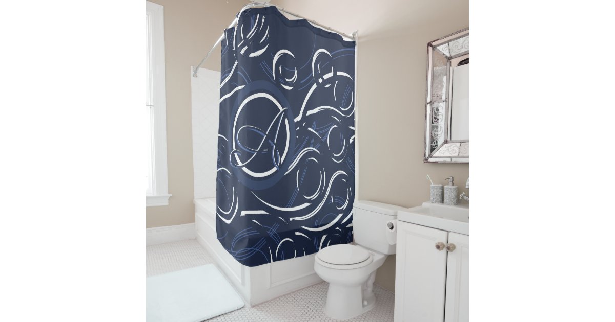 Navy Blue & White Modern Monogrammed Swirls Shower Curtain Zazzle