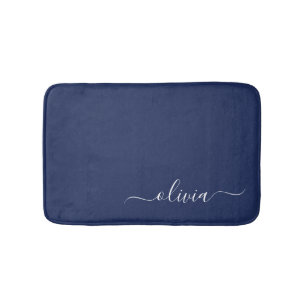 Navy Blue White Modern Script Girly Monogram Name Bath Mat