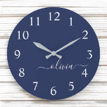 Navy Blue White Modern Script Girly Monogram Name Large Clock<br><div class="desc">Navy Blue and White Simple Script Monogram Name Clock. This makes the perfect sweet 16 birthday,  wedding,  bridal shower,  anniversary,  baby shower or bachelorette party gift for someone that loves glam luxury and chic styles.</div>