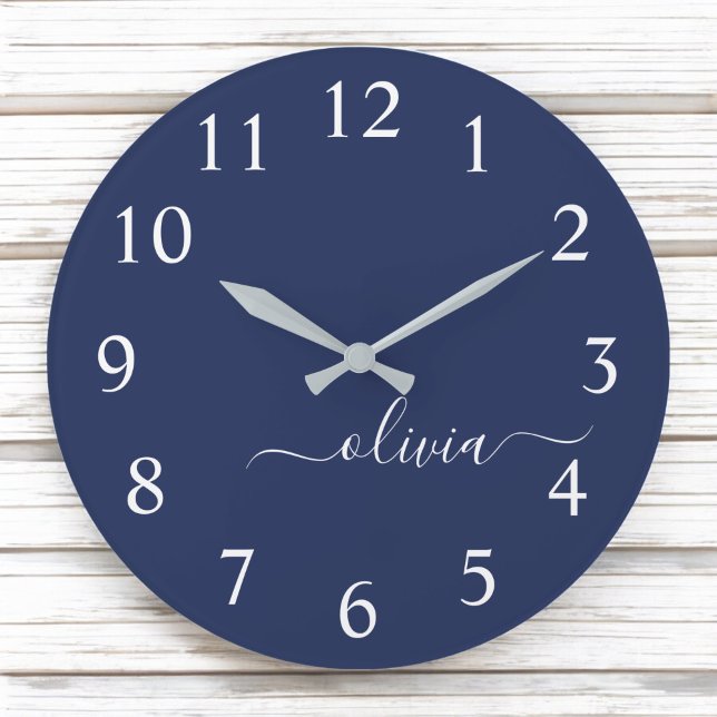 Navy Blue White Modern Script Girly Monogram Name Large Clock (Creator Uploaded)