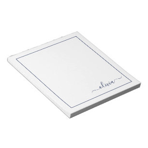 Navy Blue White Modern Script Girly Monogram Name Notepad