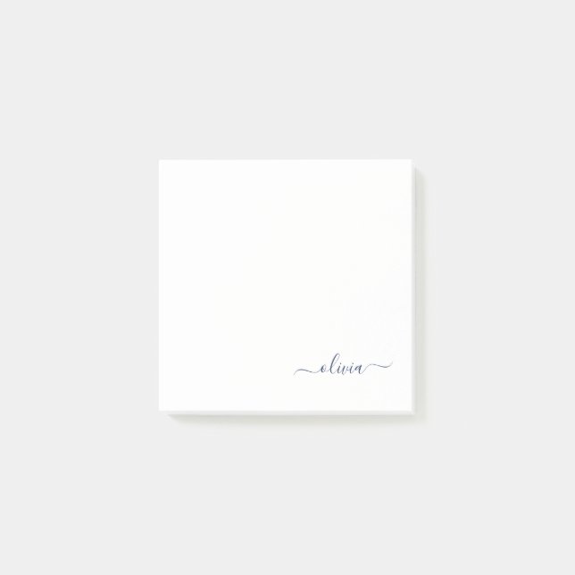 Navy Blue White Modern Script Girly Monogram Name Post-it Notes (Front)