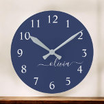 Navy Blue White Modern Script Girly Monogram Name Round Clock<br><div class="desc">Navy Blue and White Simple Script Monogram Name Clock. This makes the perfect sweet 16 birthday,  wedding,  bridal shower,  anniversary,  baby shower or bachelorette party gift for someone that loves glam luxury and chic styles.</div>