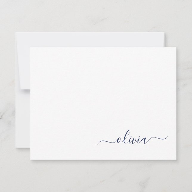 Navy Blue White Modern Script Girly Monogram Name Thank You Card (Front)